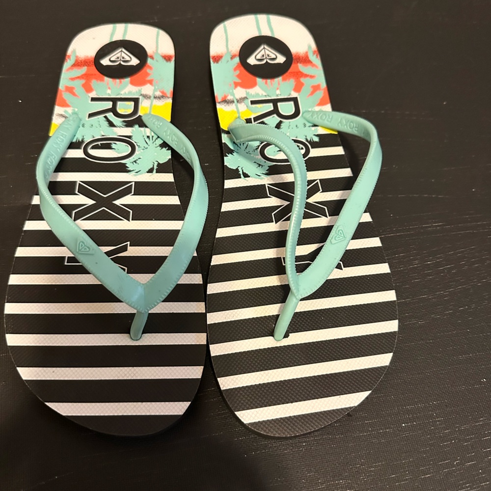 Roxy Black and White Striped Flip Flops with Aqua Straps